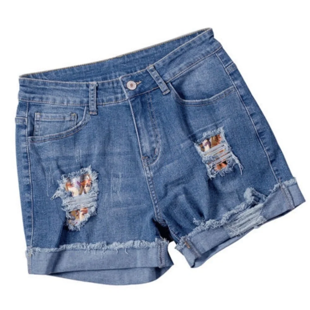 Floral Patchwork Rolled Hem Denim Shorts